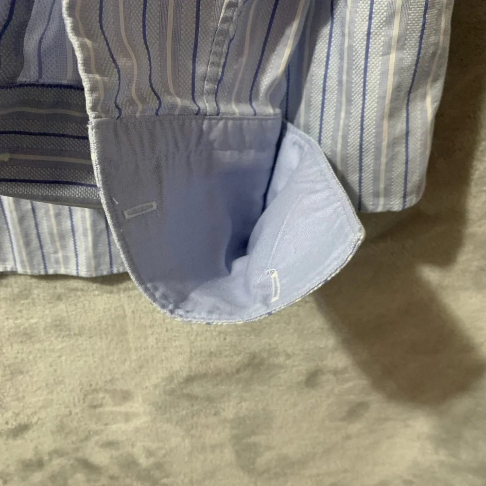Banana Republic Mens Slim Fit Dress Shirt‎ 16-16.5 L Blue Stripe French Cuffs